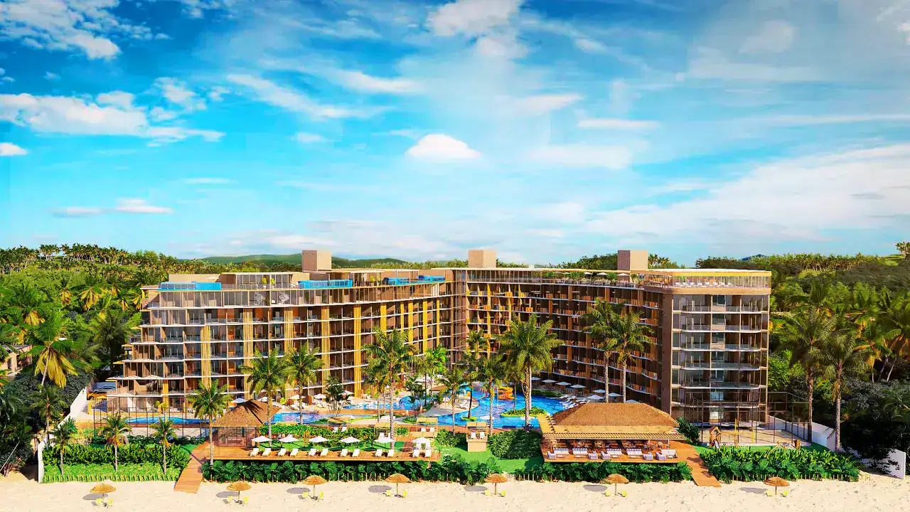 Vista frontal do resort